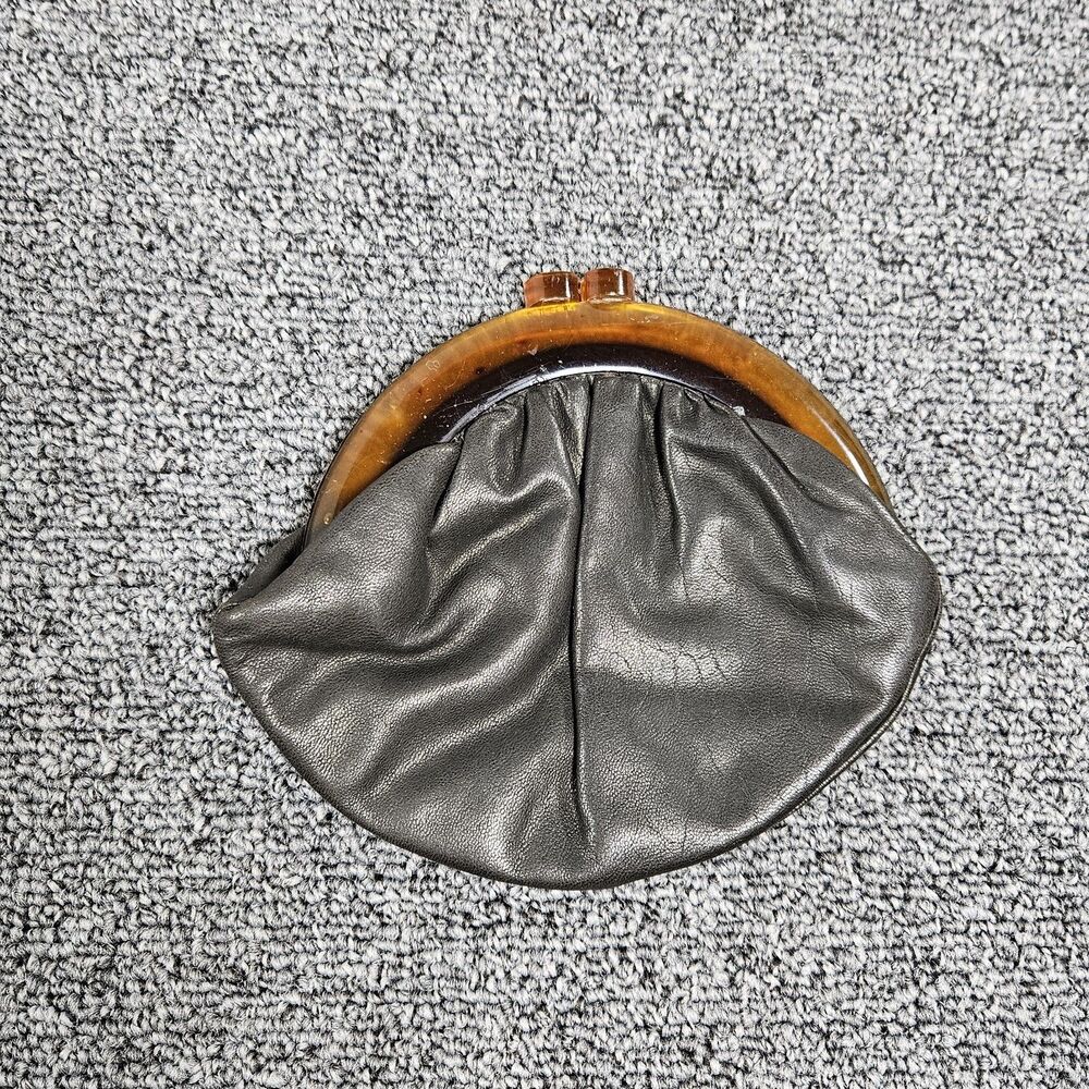 Vintage Bud Leather Genuine Black Leather Coin Purse Bakelite Kiss Lock